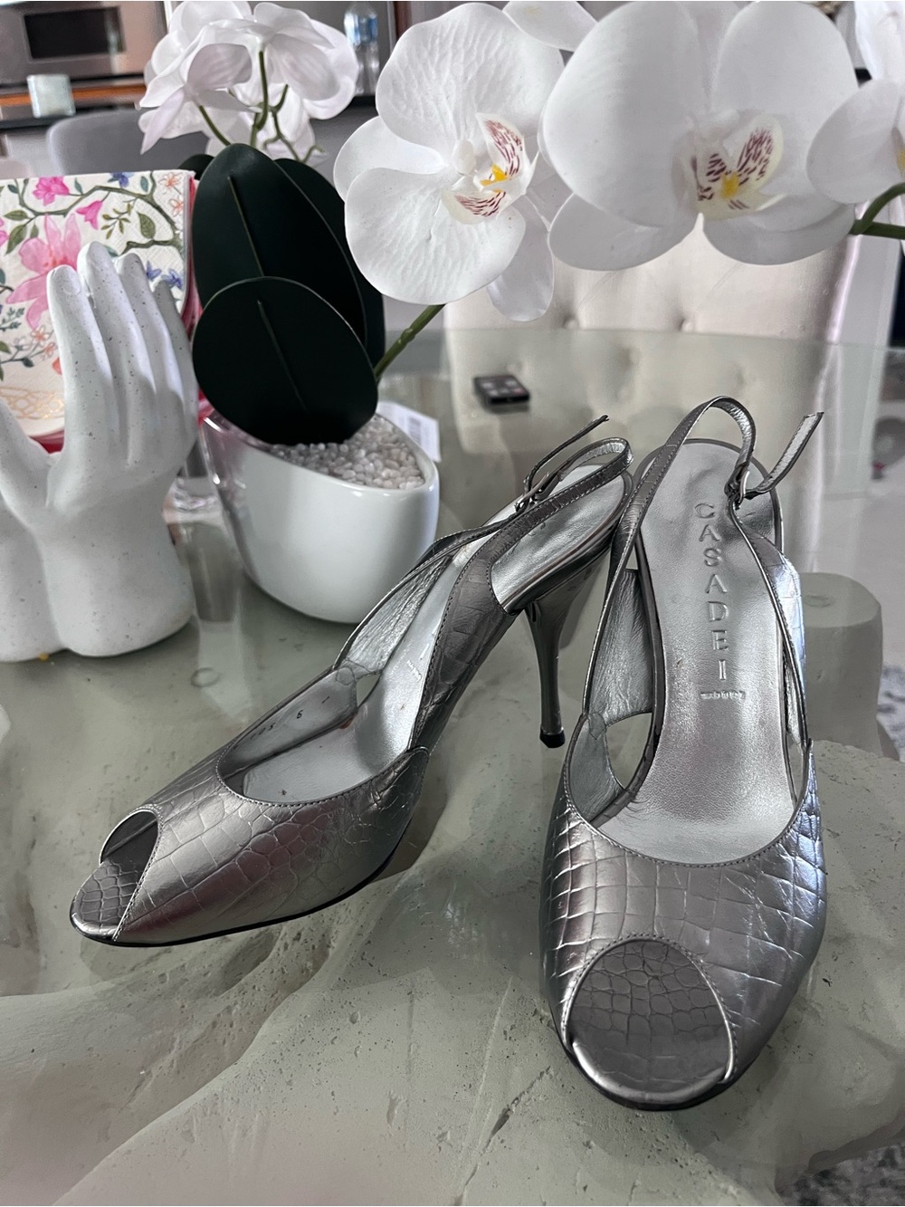 Casadei Metallic Silver Croc-Embossed Slingback Peep-Toe Heels